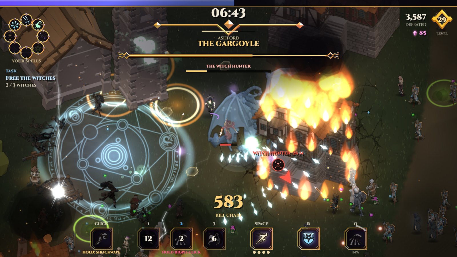 Houses burning in Ashford while the Gargoyle attacks Gideon